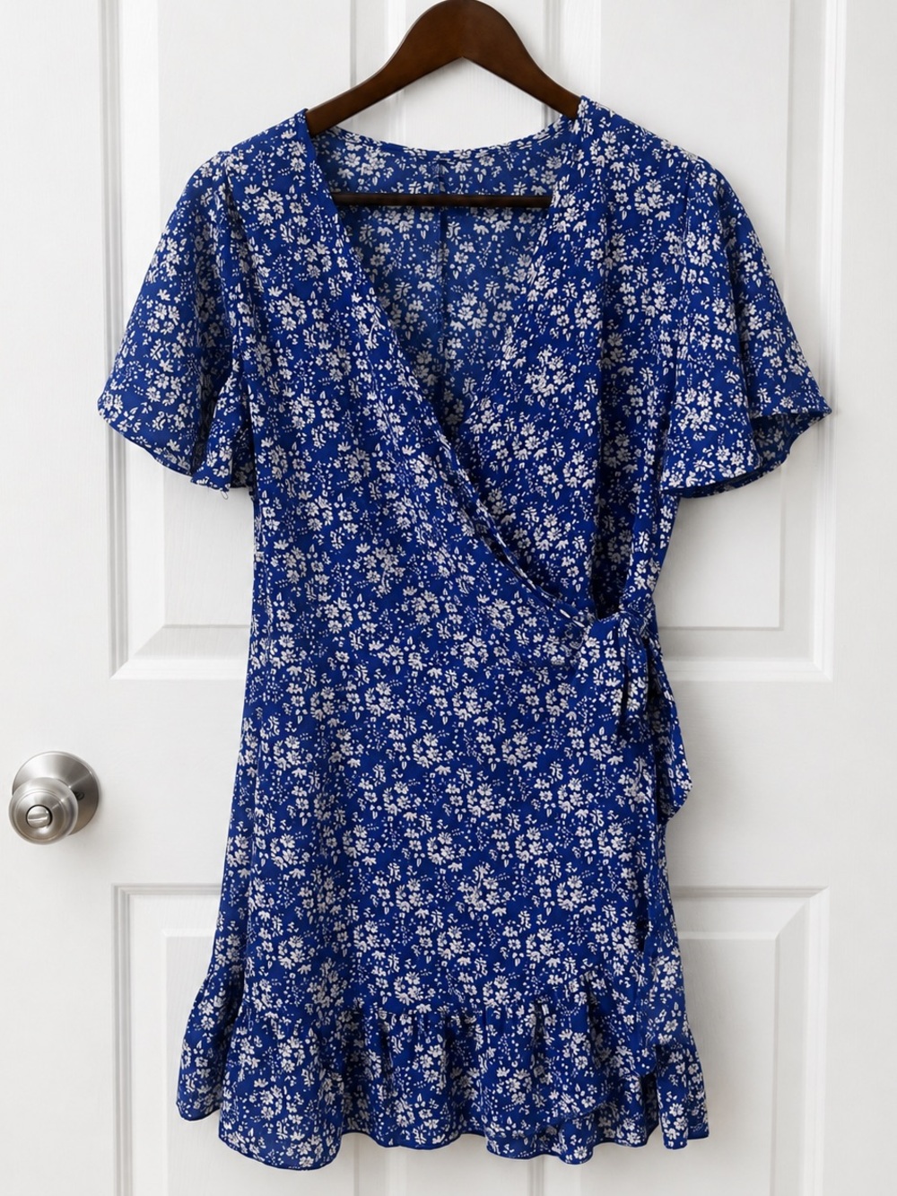 Blue Floral Wrap Mini Dress – Size Large